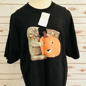 C PORT Women Short Sleeve Extra Large Cotton Cats Jack-O-Lantern Black T-Shirt